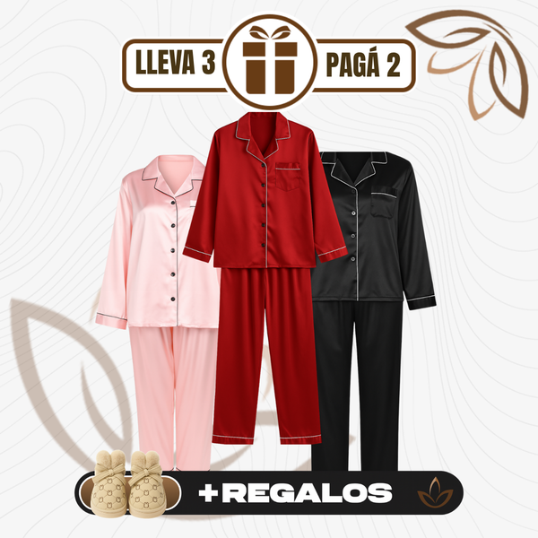 [Llevá 3 Pagá 2] Pijama Femenino Mona en Satén y Seda Hielo (Confort y Suavidad Únicos) + Pantufas de Regalo