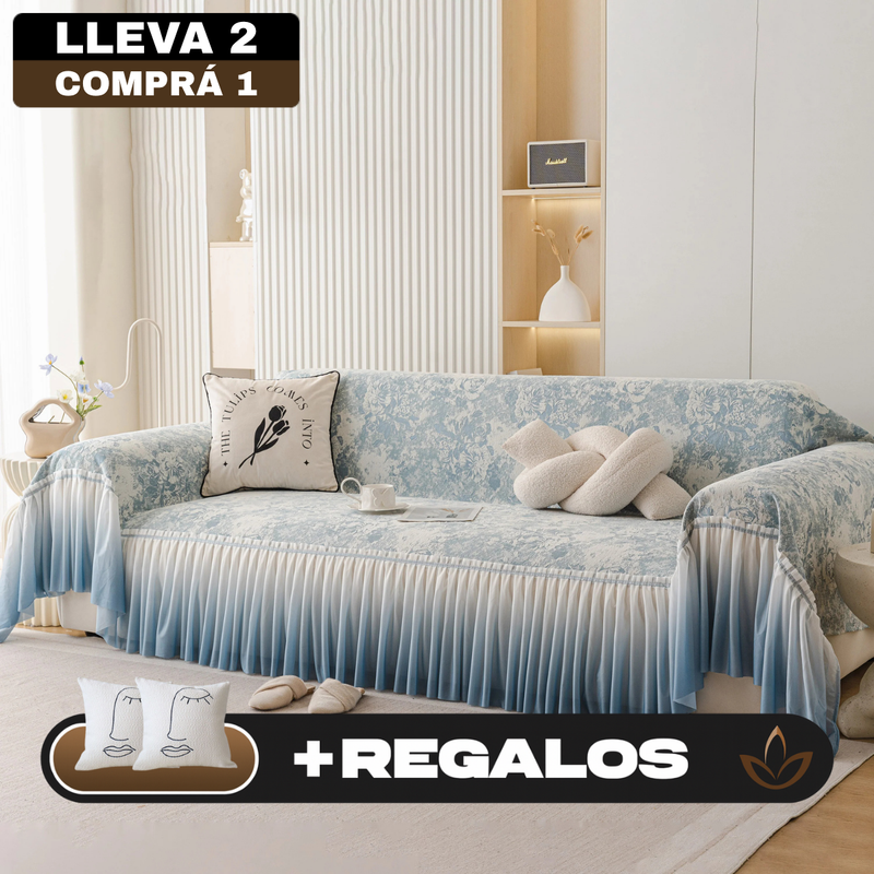 [Llevá 2 Pagá 1] Funda para Sofá Vera de Algodón y Viscosa con Estampa Elegante y Faldones Laterales +REGALO: 2 Almohadas