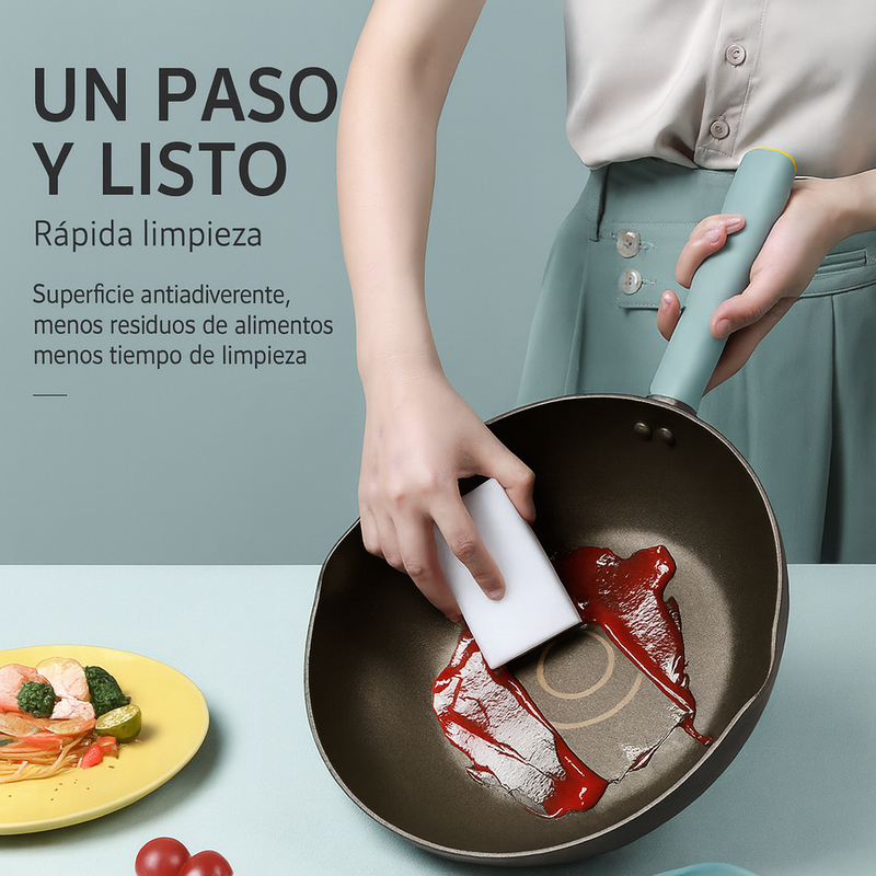 [Llevá 2 Pagá 1] Sartén Multifuncional de Acero Inoxidable Antiadherente con Mango de Goma +REGALO: Juego de Cuchillos y Porta Cuchillos