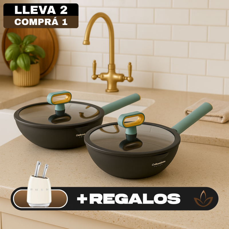 [Llevá 2 Pagá 1] Sartén Multifuncional de Acero Inoxidable Antiadherente con Mango de Goma +REGALO: Juego de Cuchillos y Porta Cuchillos