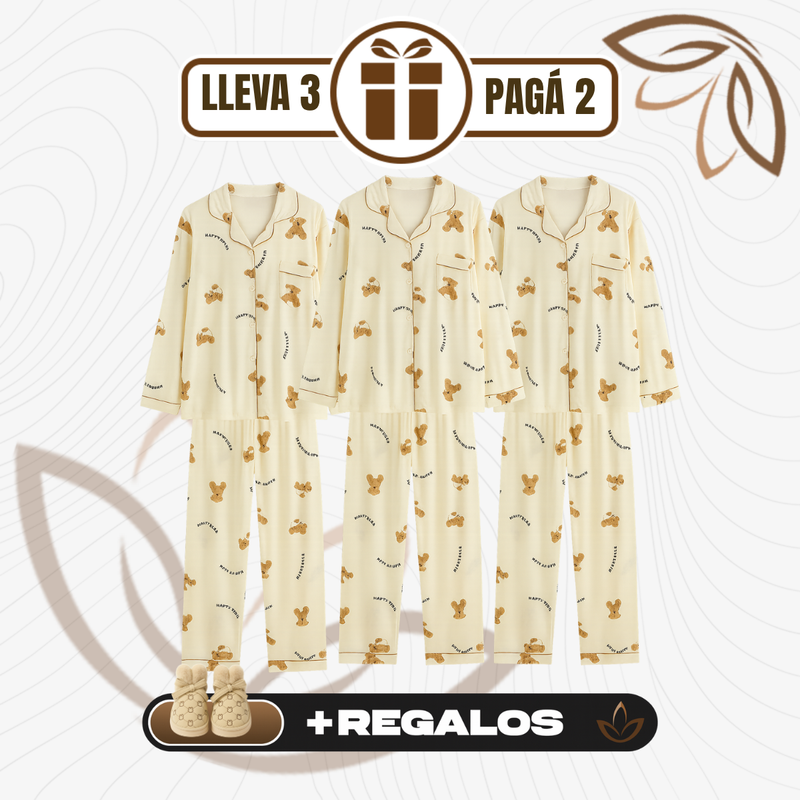 [Llevá 3 Pagá 2] Pijamas Femeninos en Seda Hielo y Algodón + REGALO: Par de Pantuflas