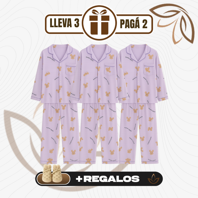 [Llevá 3 Pagá 2] Pijamas Femeninos en Seda Hielo y Algodón + REGALO: Par de Pantuflas